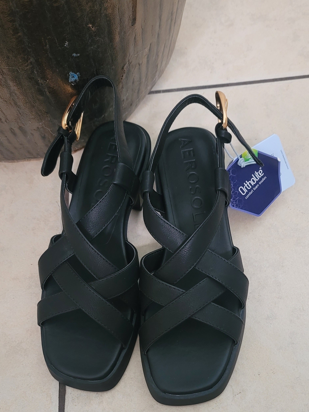 AEROSOLES Black Crisscross Slingback Sandals with Gold Buckle